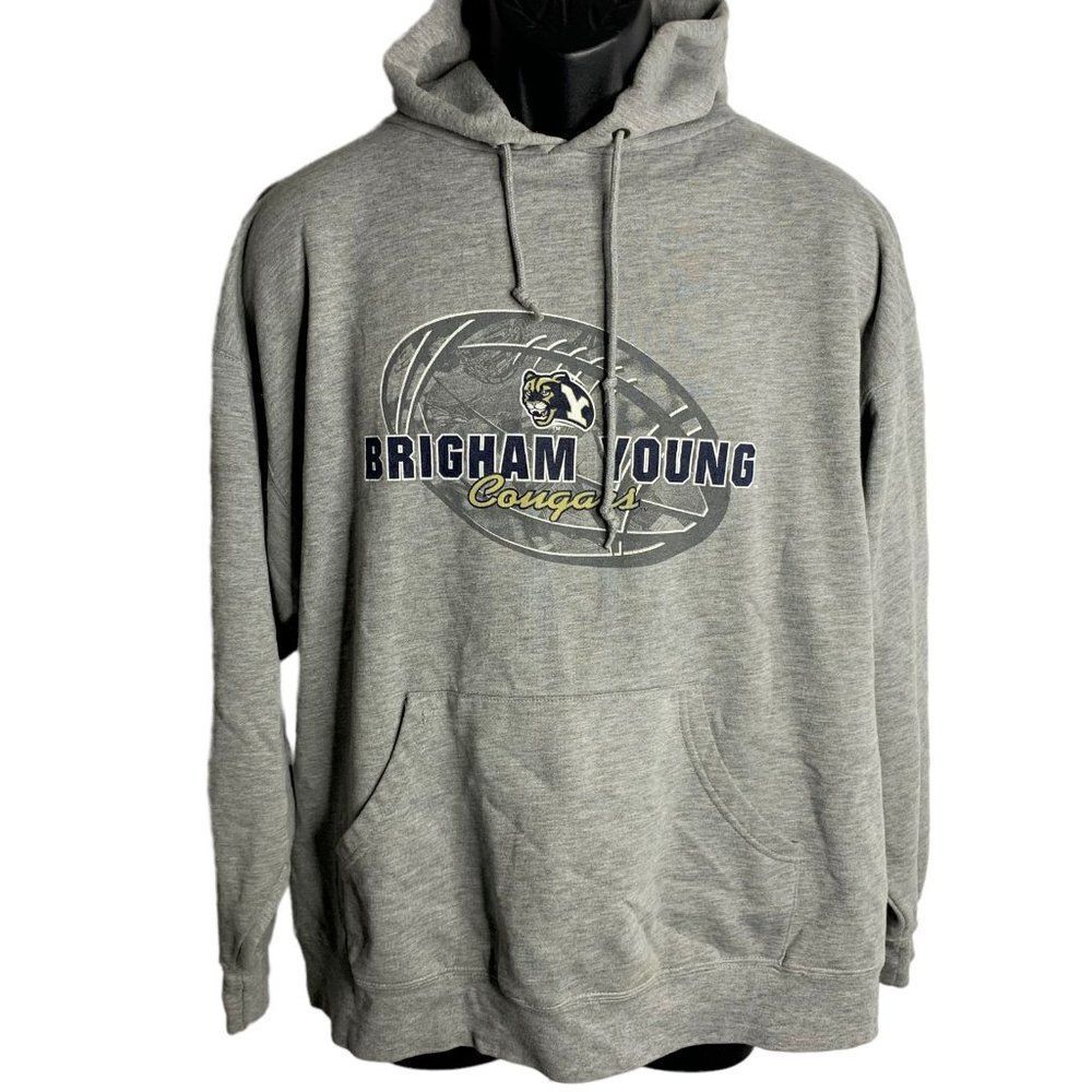 Brigham Young University Hoodie Sweatshirt L Grey Fleece Football Cougars Pocket
